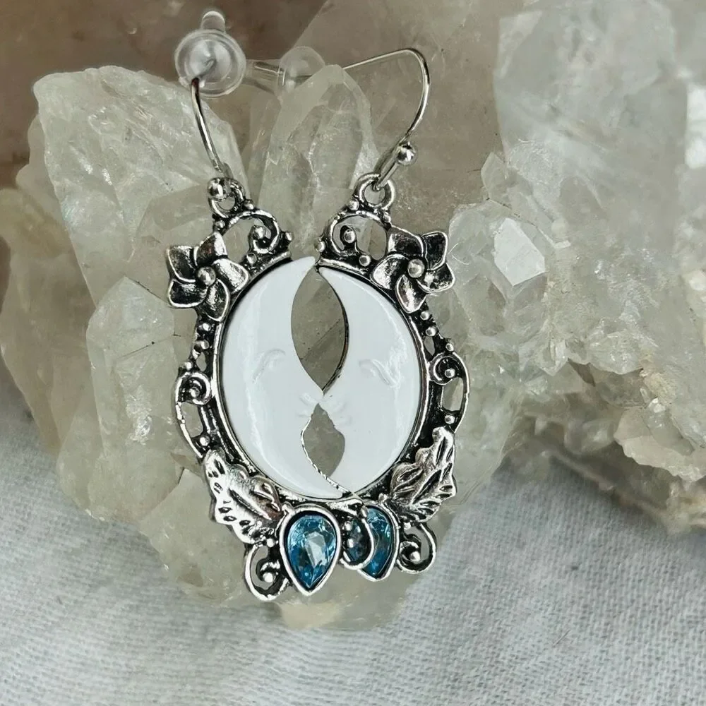 Silver Moon Face Filigree Floral Blue Stone Dangle Earrings